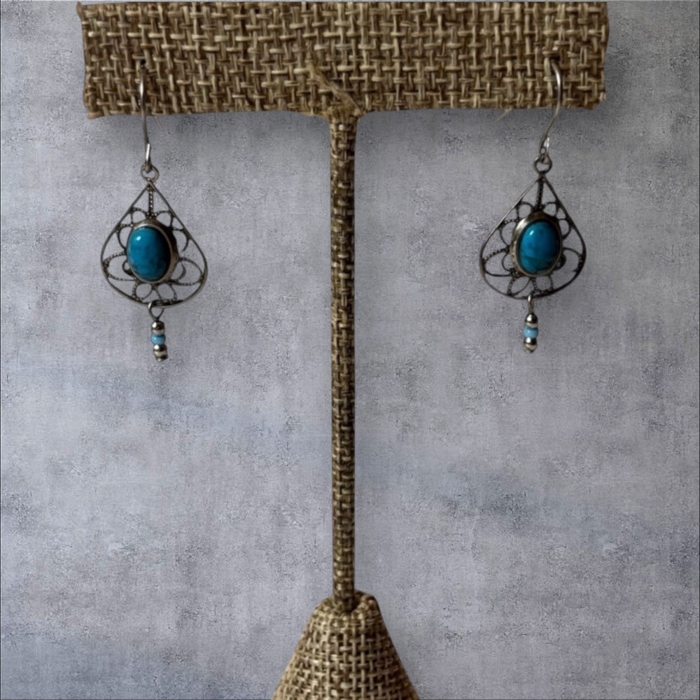 Authentic Silver and Turquoise Western Boho Indo Western Petite Dangle Earrings
